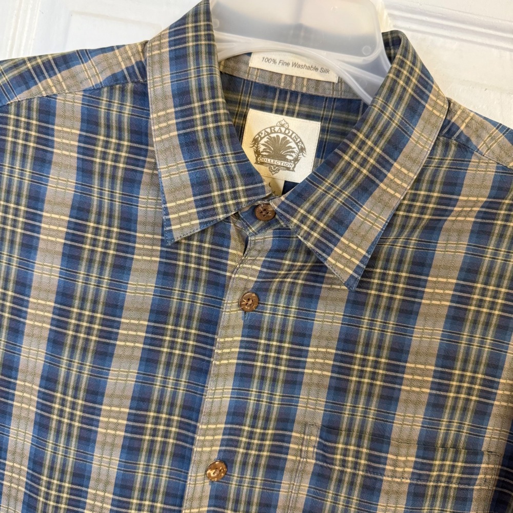 Paradise‎ Collection Mens 100% Silk Plaid Button Up Shirt Long Sleeve Large